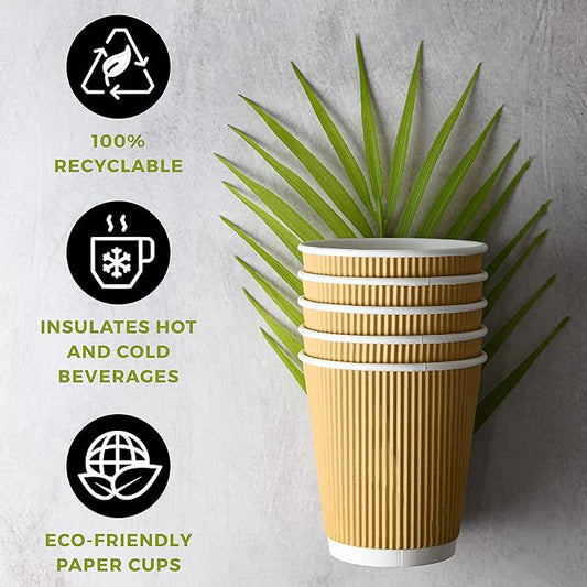 100 x Kraft 12 Ounce Ripple 3 Ply Disposable Insulated Paper Cups for Tea Coffee Cappuccino Hot Drinks