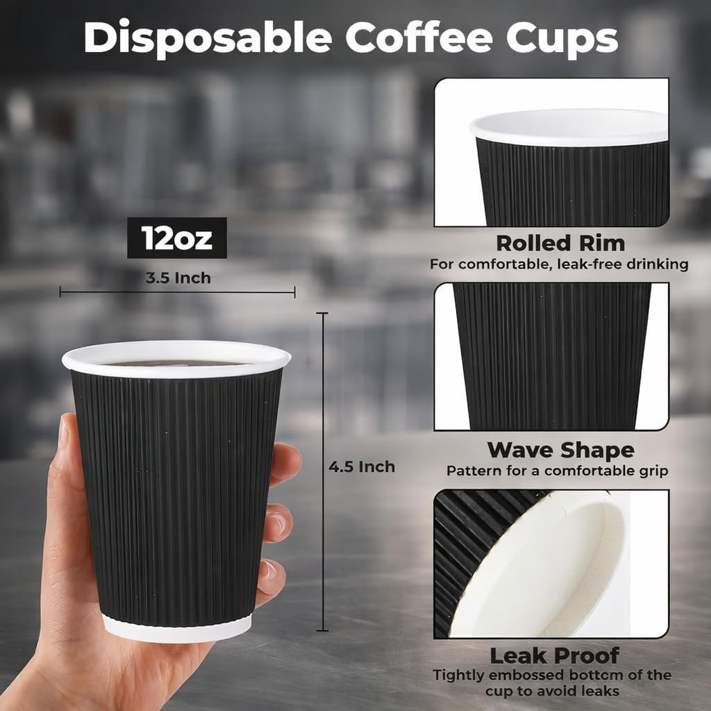 Ripple Paper Cup Triple Wall Bio Hot Cup (355ml/12oz) Black 500 pieces (NO LIDS)