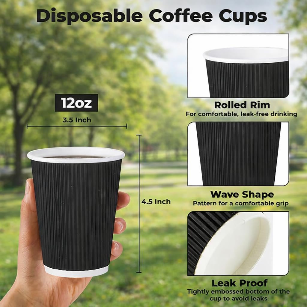 Ripple Paper Cup Triple Wall Bio Hot Cup (355ml/12oz) Black 500 pieces (NO LIDS)