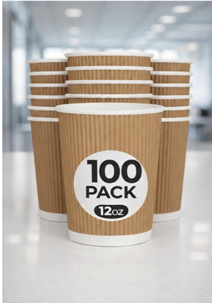 100 x Kraft 12 Ounce Ripple 3 Ply Disposable Insulated Paper Cups for Tea Coffee Cappuccino Hot Drinks