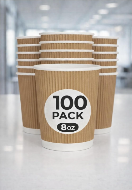Coffee Cups 8 OZ - NO Lids - 100 Disposable Brown Ripple Coffee Cups - Ideal for Takeaways