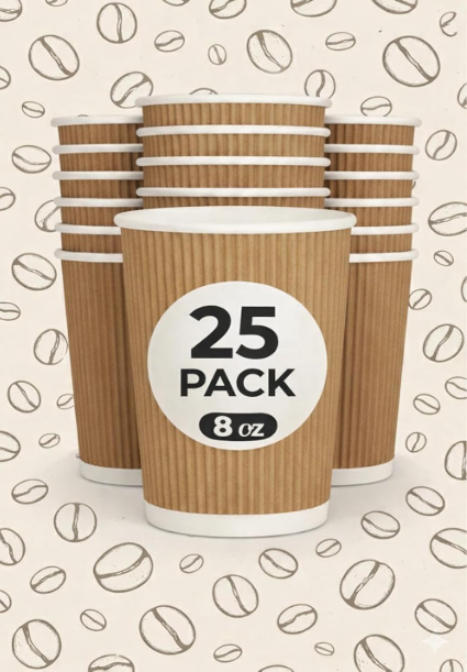 8oz Coffee Cups Disposable – Ripple Wall Double Insulated Paper Cups 25 Pack Kraft Brown for Hot Coffee, Tea, Espresso & Beverages