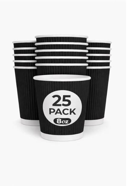 Premium 8oz Black Ripple Wall Paper Cups (25 Pack) – Ripple Wall Insulated Hot Drink Coffee Cups, Comfortable Grip, Leak-Resistant