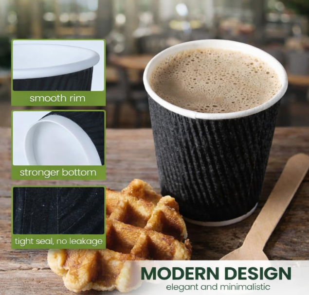 Premium 8oz Black Ripple Wall Paper Cups (25 Pack) – Ripple Wall Insulated Hot Drink Coffee Cups, Comfortable Grip, Leak-Resistant